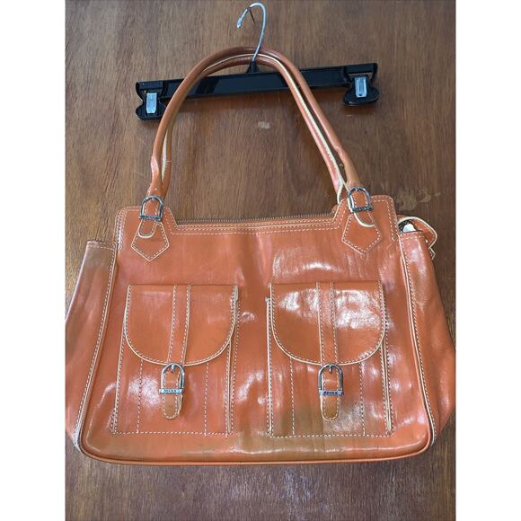 Designer Maxx Leather Shoulder Strap Handbag Purse Brown Orange Lined Sun Stains - Picture 1 of 14